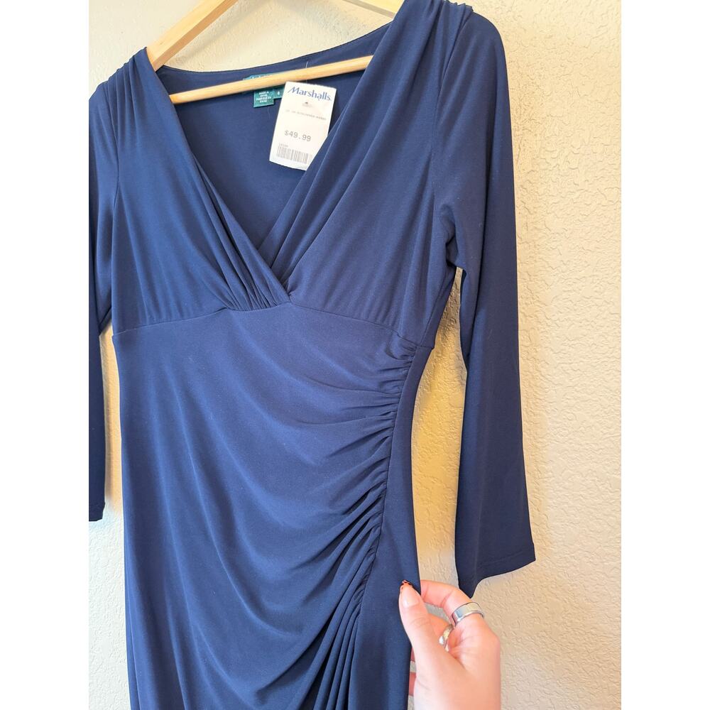 NEW Lauren Ralph Lauren Navy Ruched V Neck Midi Dress size 6 Modest - Picture 6 of 7
